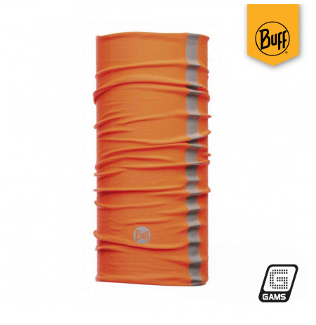 Protector térmico de cuello marca BUFF color naranja fluorescente con banda reflectante.